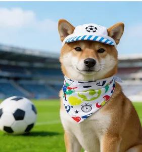 Primo piano di uno Shiba Inu con cappello da sole e bandana a tema calcio allo stadio.