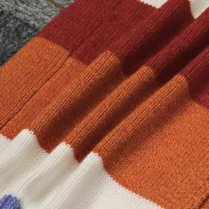 Detalle macro que muestra la textura suave de un suéter de punto con rayas multicolores