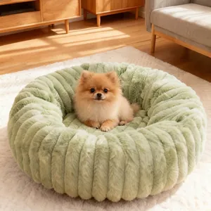 Round Plush Pet Bed For Cats And Dogs Soft Faux Fur Fluffy Donut Bed Warm Winter Pet Cushion Ribbed Nest For Small Pets House