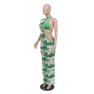 Dreiteiliges Damen-Strandset mit grünem Digitaldruck-Netzkleid und Bikini-Kombination
