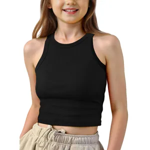 Close-up of children's black ribbed sleeveless crop top on a young girl model
