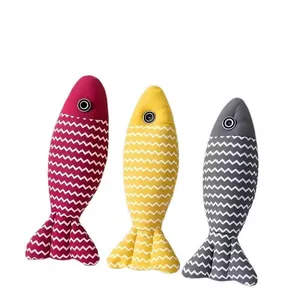Set of three fish-shaped plush cat chew toys in red, yellow, and gray wavy patterns