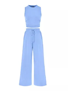 Women Knitted Sleeveless Round Neck Vest Top And Wide Leg Pants Solid Color Summer Ribbed Loungewear Stretchy Outfit