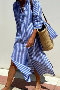 Blue and white striped maxi shirt dress with side slits for summer beach holiday