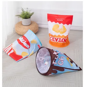 Potato chip bag themed foldable crackle cat tunnel toys for pets in cozy home setting