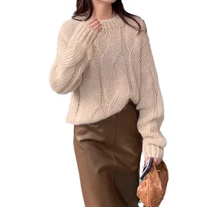 Elegant beige round neck chunky cable knit sweater for women stylish winter pullover top