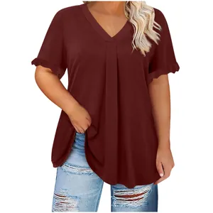 Top casual granate con cuello en V para mujer con elegantes mangas con volantes