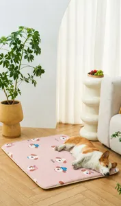 Comfortable pink dog sleeping mat with cute cartoon patterns in a cozy living room scene.