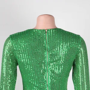 Back detail of green sequined bodycon dress showing high-quality gold zipper closure.