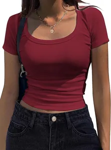 Women's slim fit burgundy ribbed short sleeve t-shirt with scoop neck and soft texture