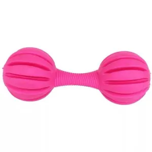 Close-up of pink dumbbell-shaped rubber dog toy with textured ridges for dental cleaning