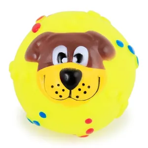 Yellow squeaky dog face ball toy for pets with colorful textured bumps for dental care