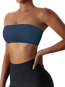 Women's navy blue strapless bandeau sports bra top for summer fitness and yoga