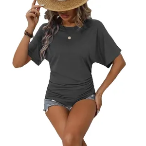 Casual women's slim fit ruched crew neck short sleeve T-shirt in charcoal grey color