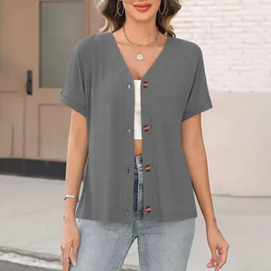 Women's casual grey short-sleeve cardigan with wood-style buttons and elegant V-neckline.