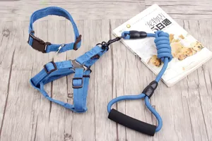 Robustes blaues Hunde-Harness-Set mit gepolstertem Griff und Halsband für Haustiere.