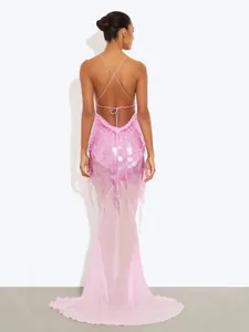 Elegant back view of pink sequin mermaid evening gown featuring open back design