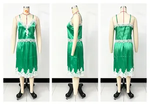 Green satin two-piece loungewear set with white lace trim details