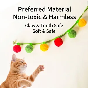 Colorful plush ball cat wand toy with bell and interactive hanging string for indoor cats