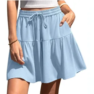 Casual light blue drawstring mini skirt for women featuring elastic waist and side pockets