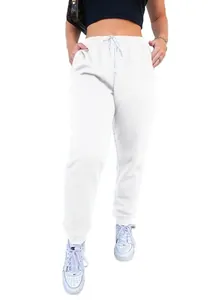 Detailed view of white high-waisted drawstring jogger sweatpants with elastic cuffs