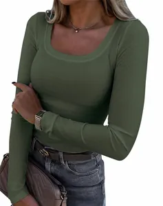 Elegant olive green slim fit ribbed long sleeve T-shirt with square neck for women