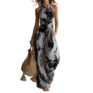 Elegant halter neck sleeveless backless jumpsuit with black and white ink print