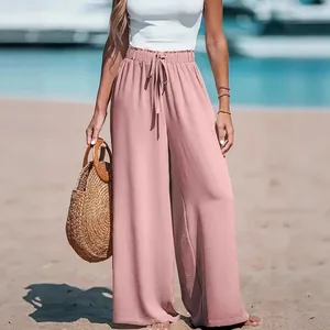 Women's casual solid pink wide-leg pants with drawstring waist for summer beach wear