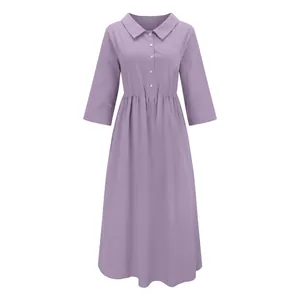 Front view of purple cotton linen casual midi dress with collar and buttons detailing