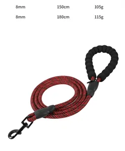 Detail view of durable red and black dog leash with padded handle and size specifications