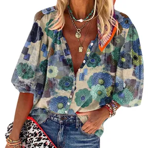 Casual women's summer blouse with vintage floral print and V-neckline