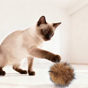 Soft 8cm faux fur ball cat toy, plush kitten ball for biting and playing at home