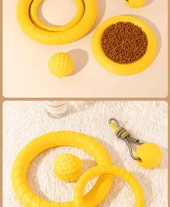 Yellow dog interactive toy set including fitness rings and bite-resistant balls