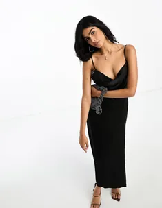 Elegant black satin cowl neck slip dress for women, long slim fit formal evening gown.