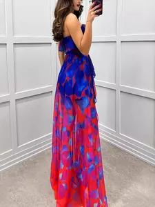 Elegant blue and red abstract floral print mesh tube top maxi dress for party and casual