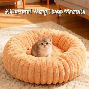 Soft and warm round plush pet bed with ribbed texture for cozy sleep of cats and small dogs