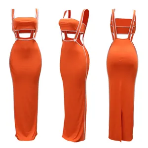 Sexy orange bodycon maxi dress set with white piping and cutout details, three-view display