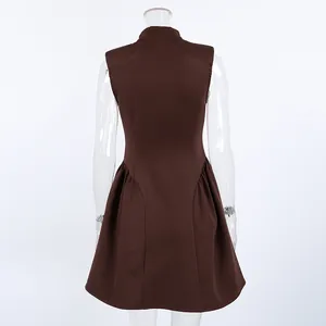 Back view detail of a French retro brown sleeveless A-line dress with gathered waist