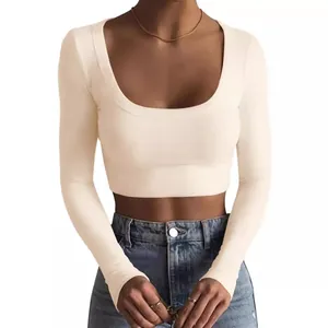 Crop top à manches longues en maille côtelée blanc cassé ajusté pour femme tendance