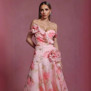 Elegant French vintage pink floral off-shoulder maxi dress with 3D flower accents