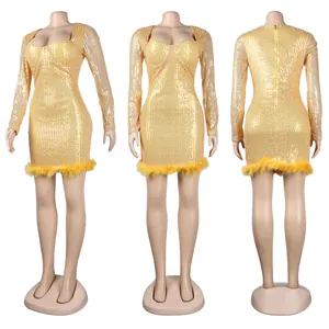 Front and back views of a sexy gold sequin bodycon dress with yellow feather trim