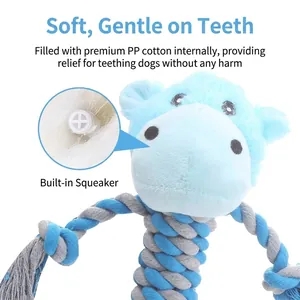 Durable blue plush dog toy with cotton rope legs and built-in squeaker for teething