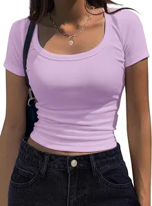 Close-up of lavender ribbed slim fit short sleeve T-shirt with scoop neck detail.