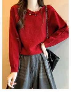 Elegant red batwing sleeve knitted sweater with unique diagonal pleated collar design for autumn