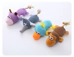 Detailed view of four colorful plush animal dog toys featuring durable cotton rope tails.