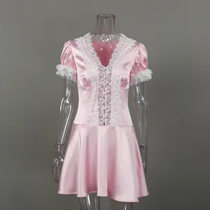 Front view of a pink satin A-line mini dress featuring white lace V-neck and puff sleeves