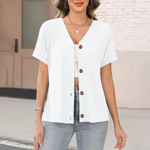 Front view of a loose white short sleeve V-neck button-down top for women in casual style