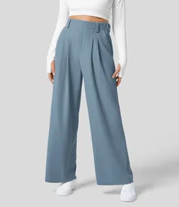 Elegante hoch taillierte Hose mit weitem Bein in Staubblau aus weich fließendem Stoff