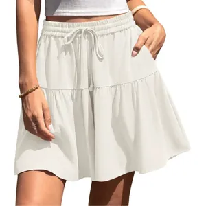 Casual off-white high-waisted tiered ruffle mini skirt with adjustable drawstring