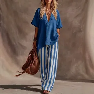 Fashionable blue v-neck top and striped wide-leg pants casual two-piece set for women